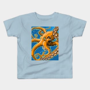 Tangerine Octopus on Blue Background Kids T-Shirt